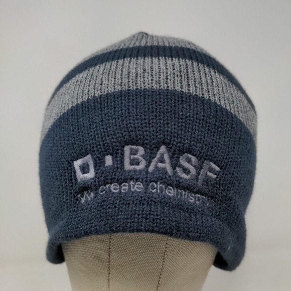 Port Authority Men's Knit Beanie Hat Cap Blue Gray Striped Acrylic Embroidered - Picture 2 of 12